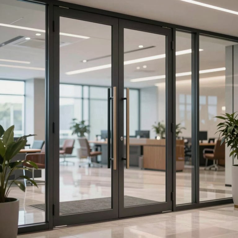 Modern high-security glass pivot door in a bright North American / US office lobby.
