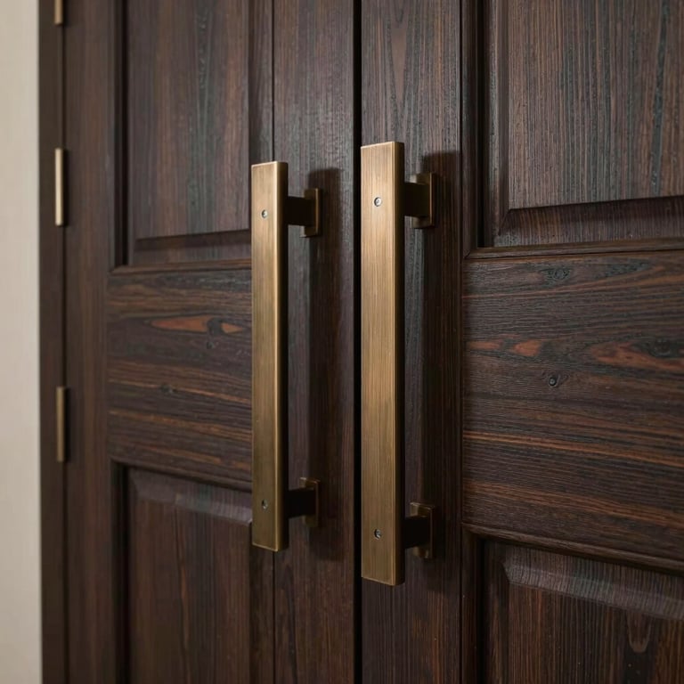 Luxury contemporary residential entrance featuring dark wood and bronze-tone hardware.