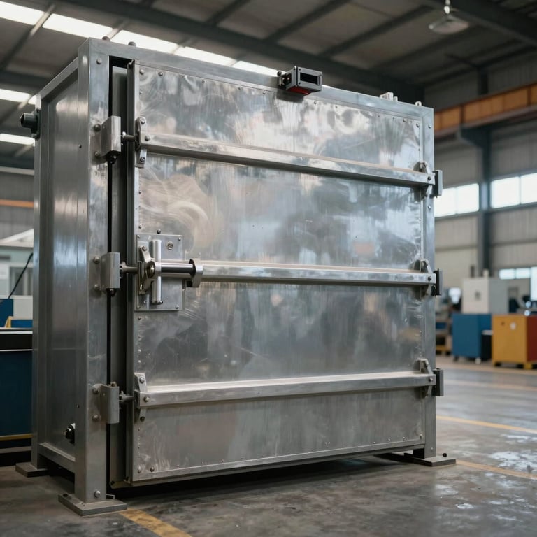 Heavy-duty steel rolling service door in a clean, large industrial warehouse facility.