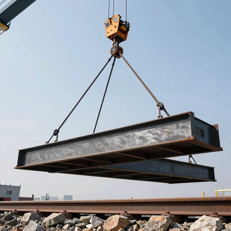 Low-angle heroic shot of a heavy steel rail-bridge girder being hoisted by a crane on-site, harsh midday sun highlighting raw steel textures and ballast stone below.