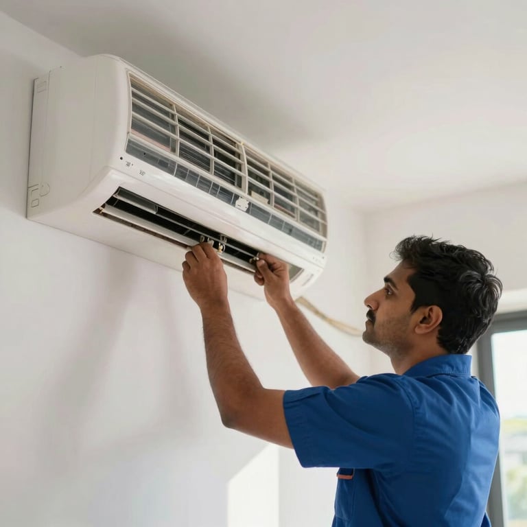 A professional South Asian technician repairing a wall-mounted AC unit inside a modern Indian apartment, soft white walls and natural light.