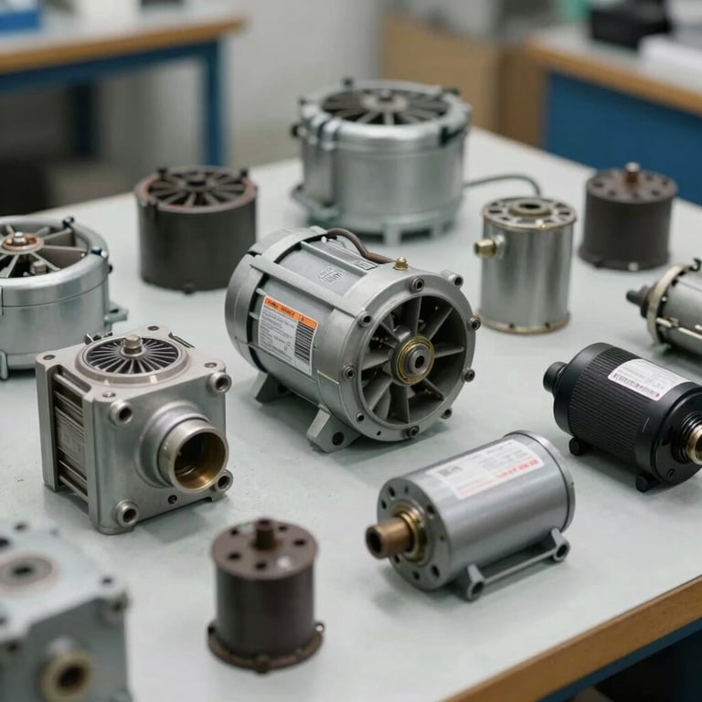 A tidy display of genuine AC spare parts including a brand new fan motor and capacitor on a clean workbench.