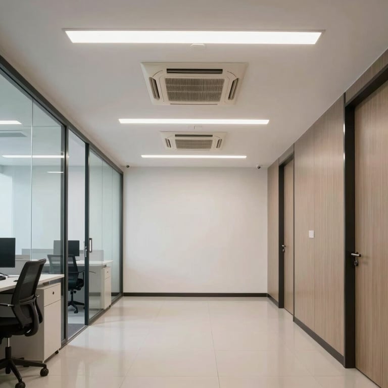 A clean, modern commercial office space in Noida with visible central air conditioning vents and professional lighting.