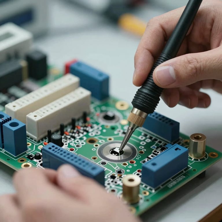 Close-up of a technician's hands using professional tools on an AC circuit board, steel blue and soft white aesthetic.