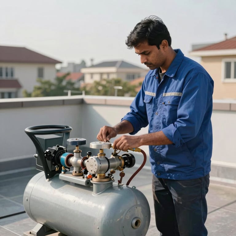 A South Asian technician checking gas pressure on an outdoor compressor unit on a sunny residential rooftop.