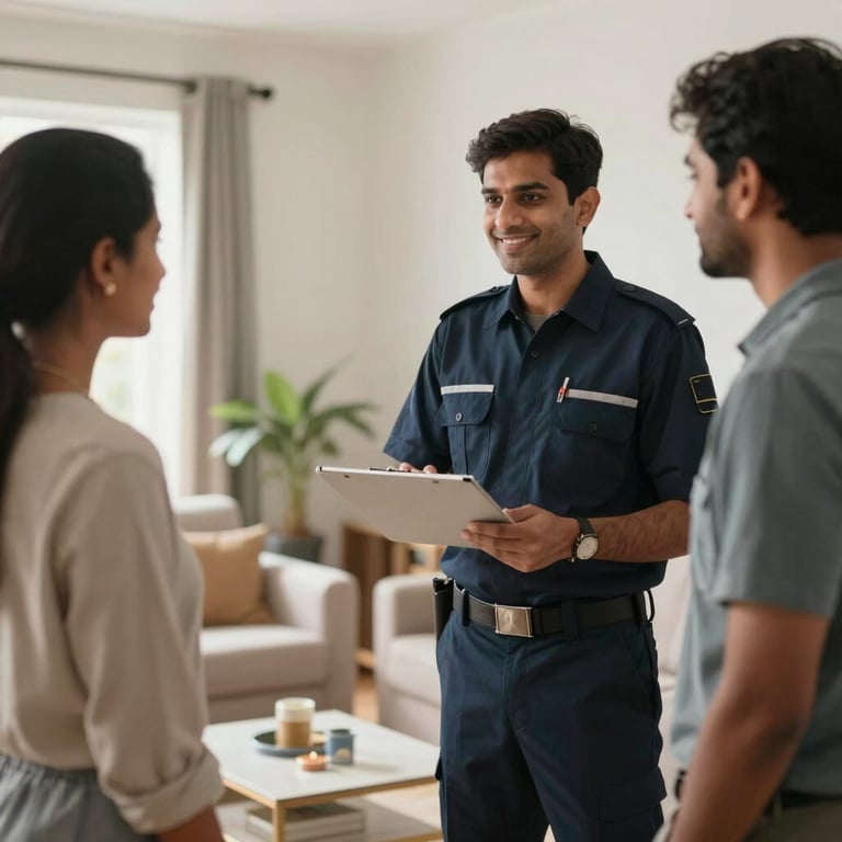 A friendly interaction between a uniformed HVAC technician and a homeowner in a bright Indian living room.