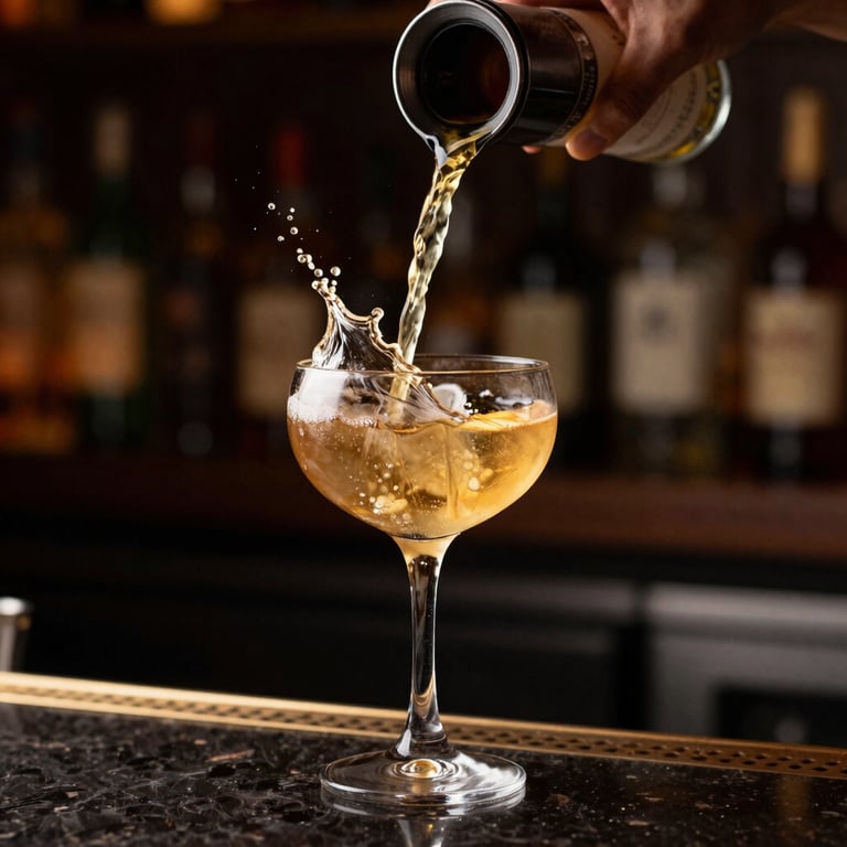Exquisite craft cocktail being poured slowly into an artistic glass, splash of golden liquid, vibrant yet moody lighting, elite Brazilian lounge setting.