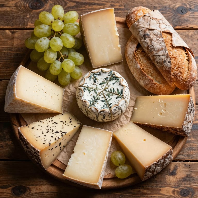 A top-down view of a rustic wooden tabletop spread with artisanal cheeses, grapes, and parchment-wrapped bread.