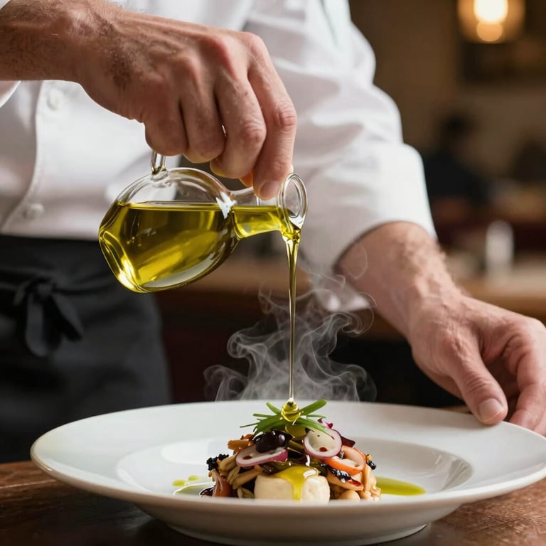 A close-up shot of a chef's hands in a European bistro artfully drizzling olive oil over a dish, warm lighting and steam visible.