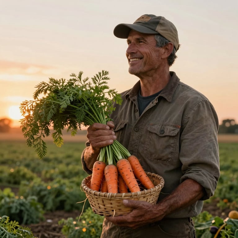 A local farmer in a North American field holding a basket of heirloom carrots, looking toward the sunset with a warm, genuine smile.