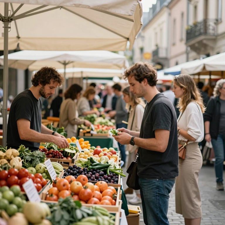 A vibrant outdoor food market in Europe with stalls of fresh produce and people browsing in stylish, casual attire.