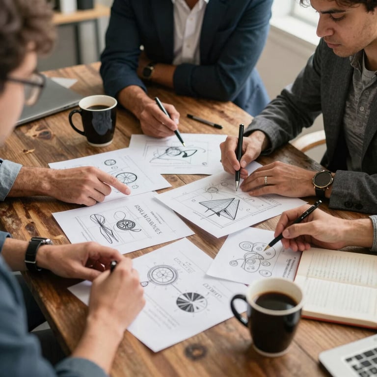 A North American marketing team gathered around a rustic table planning a social media campaign with sketches and coffee.