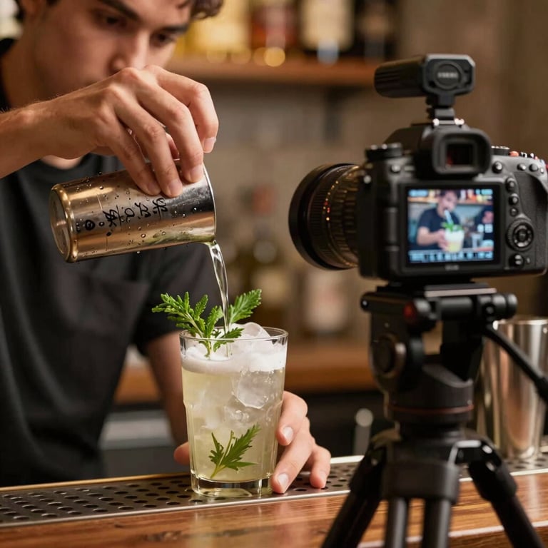 A professional camera on a tripod capturing a video of a bartender mixing a craft cocktail with fresh herbs.