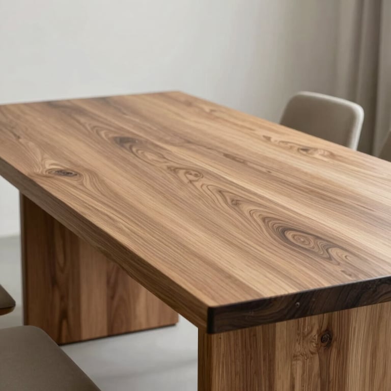 Professional photography of a custom-made dining table with a unique wood grain pattern, captured in soft natural light within a minimalist interior.
