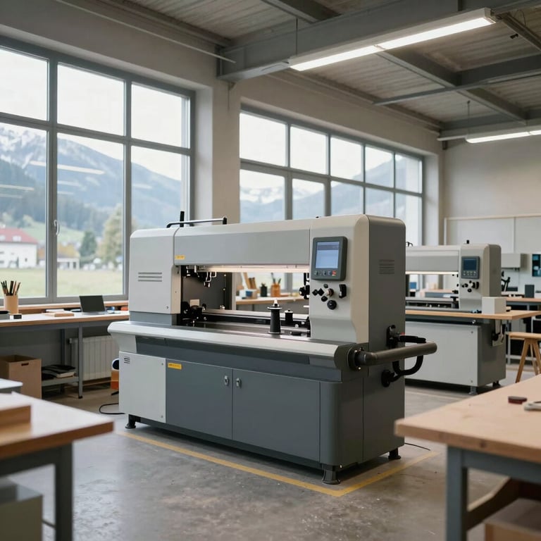 A wide shot of a modern, clean carpentry workshop in Austria with large windows and state-of-the-art machinery, highlighting a professional environment.