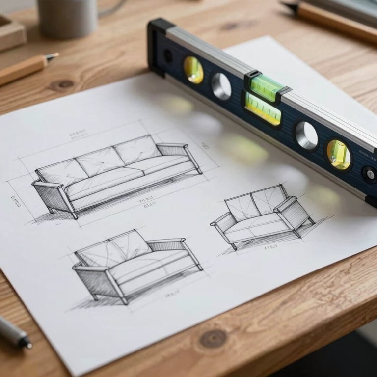 Hand-drawn architectural sketches of furniture layouts next to a professional spirit level on a wooden table, emphasizing planning and precision.