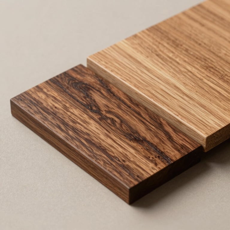 A close-up of high-quality wood grain samples including walnut and oak, arranged neatly on a light taupe background in a studio setting.