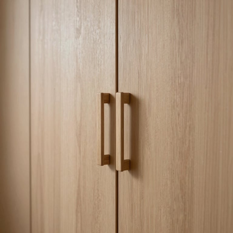 Detail of a minimalist built-in wardrobe made of light natural wood, showing seamless joints and elegant handles in a modern Vienna apartment.