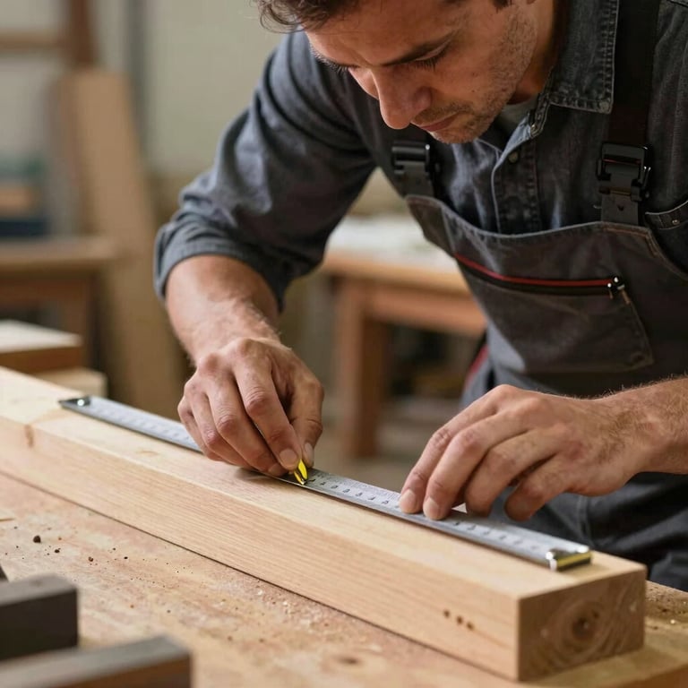 A skilled craftsman in professional attire carefully measuring a wooden beam with a metal ruler in a workshop setting, meticulous focus.