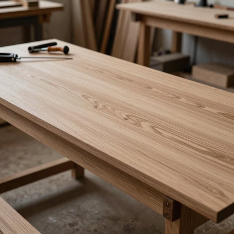 A professional tablet displaying a complex 3D interior design plan for a modern kitchen, placed on a light oak wooden surface in a bright Central European office.