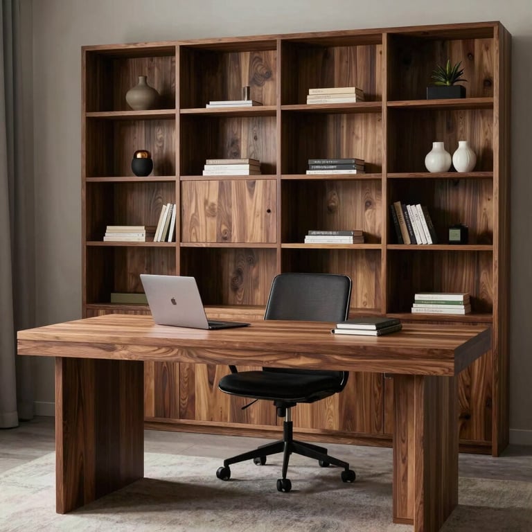 An elegant home office setup with a bespoke wooden desk and shelving, combining modern aesthetics with the warmth of natural materials.
