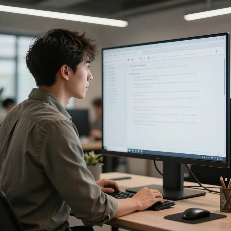 A professional developer in modern business casual attire looking at a large screen in a collaborative tech space.