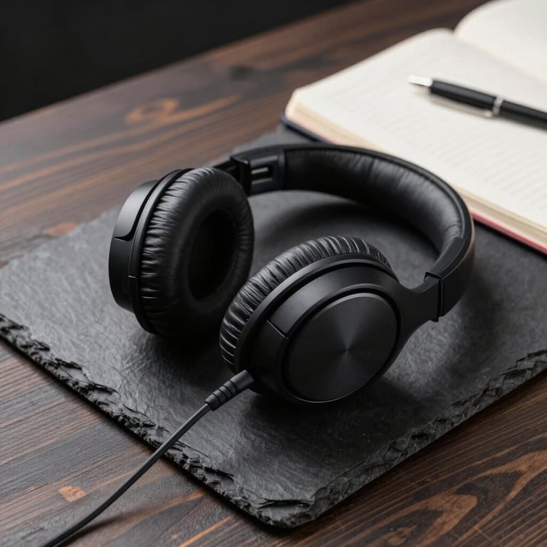 Professional studio headphones resting on a dark slate wood desk next to a designer notebook.