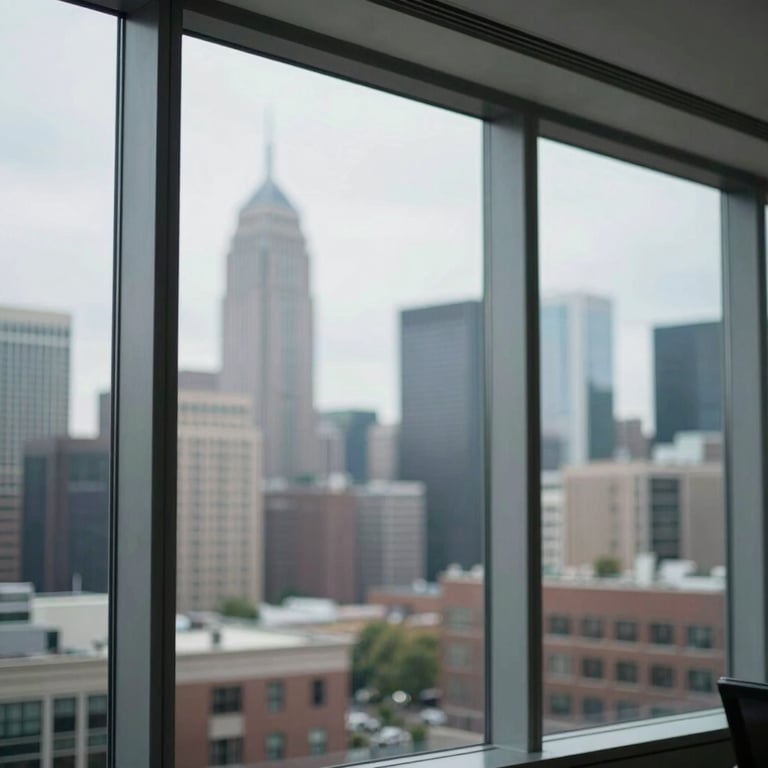 A blurred North American city skyline through a glass window of a modern tech hub.