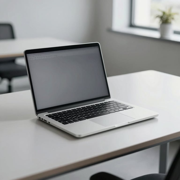 A sleek silver laptop on a minimalist light grey desk in a bright North American office.