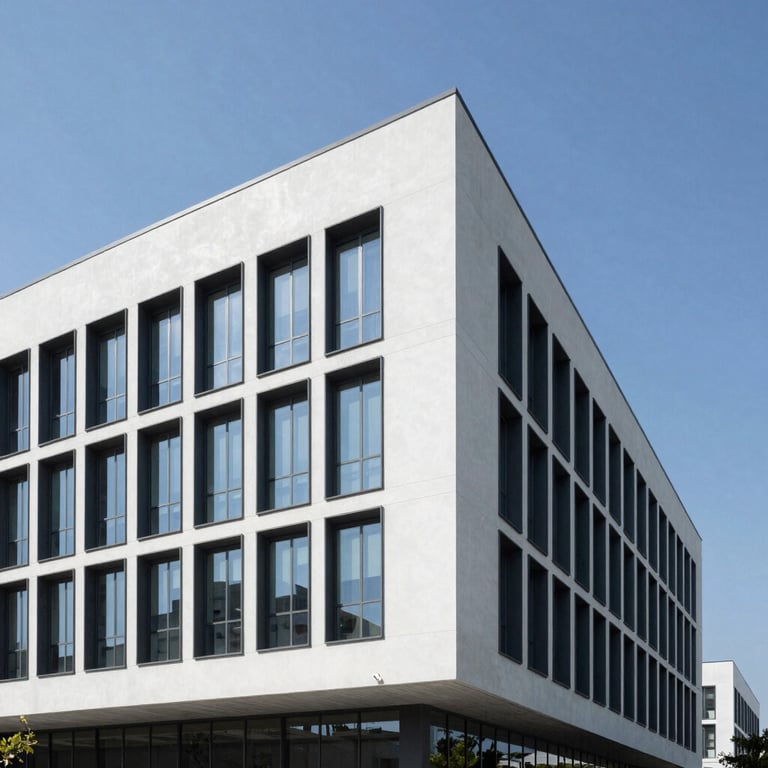 Clean, minimalist architectural detail of a modern technology campus building in the US under a clear blue sky.