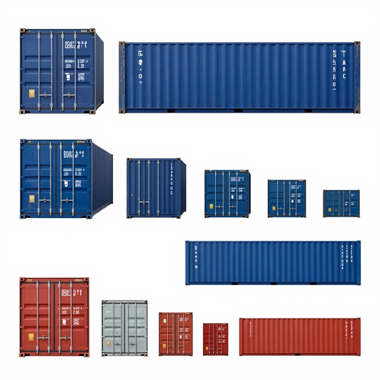 Collection of blue, red, and grey shipping containers in various sizes for global logistics and cargo transport.