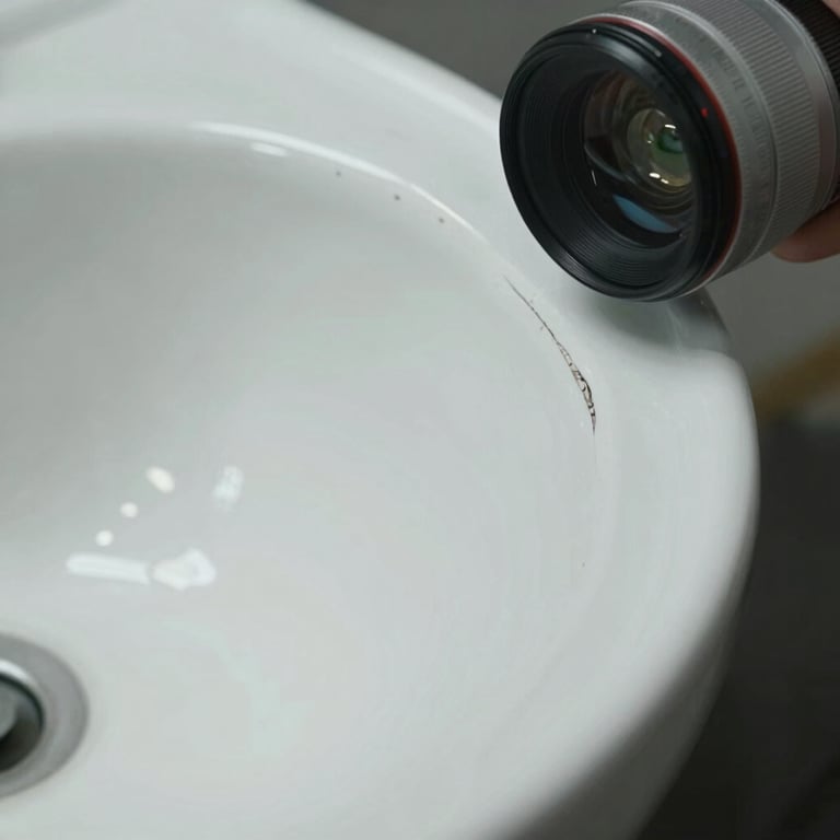 Macro detail of a chipped porcelain sink before professional repair.