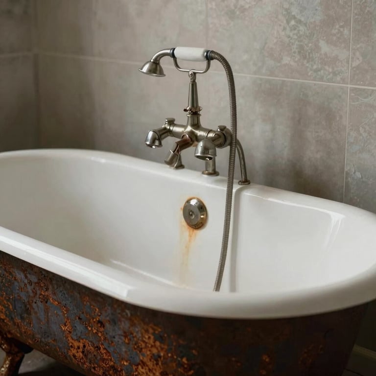 A before shot of a rusted and stained cast iron bathtub in a New York City apartment.