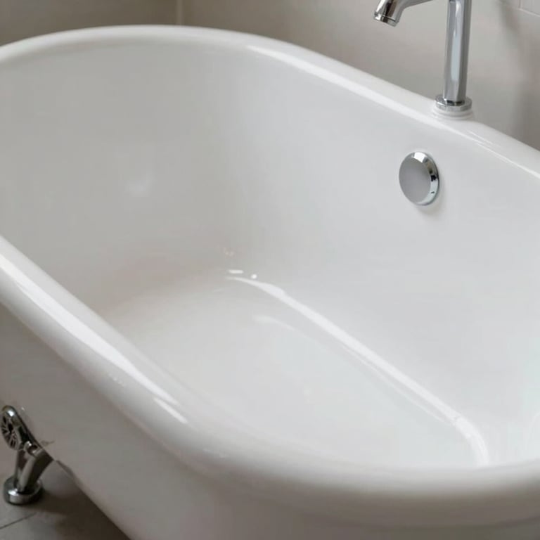 An after shot of the same bathtub, now gleaming with a pristine white high-gloss reglazed finish.
