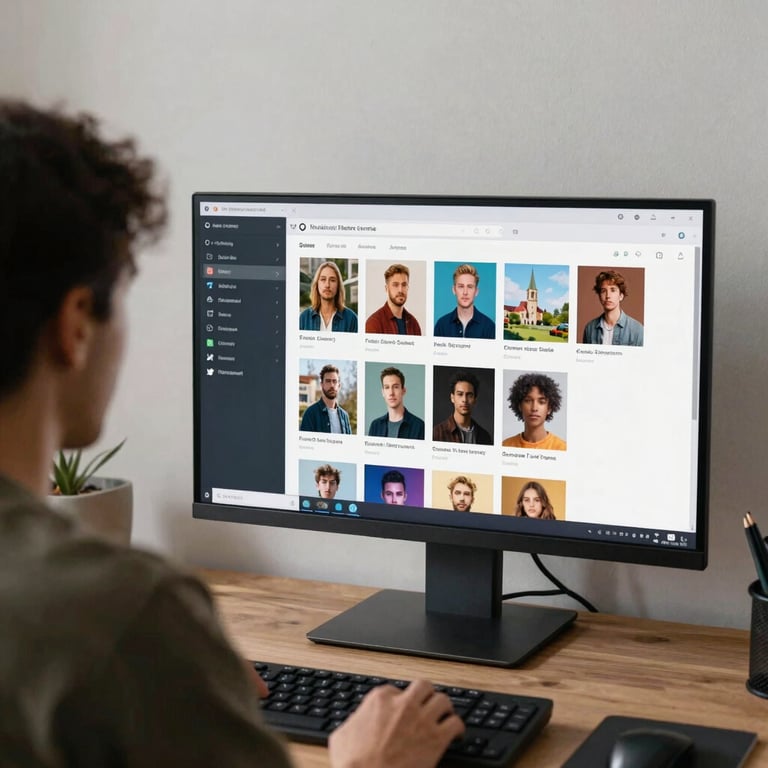 An over-the-shoulder shot of someone browsing a software library on a large monitor in a minimalist home office setting.