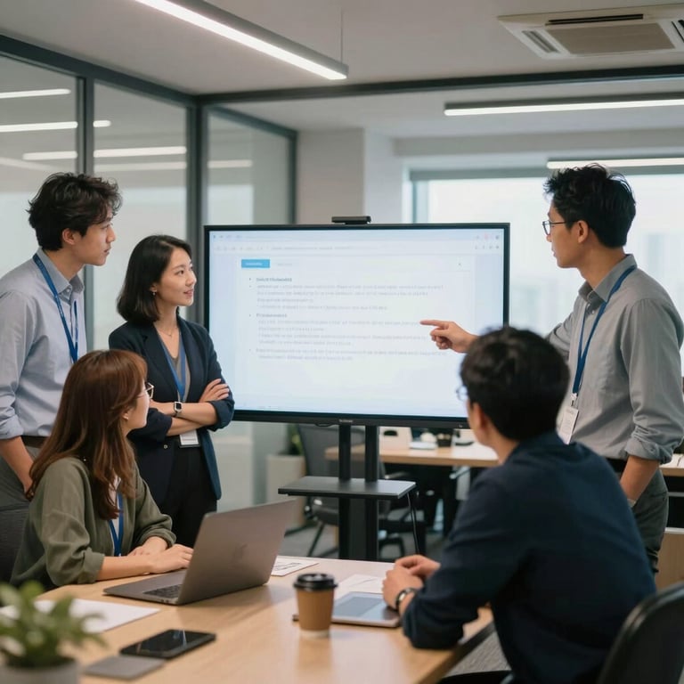 A group of diverse professionals collaborating around a screen in a bright North American tech company lounge.