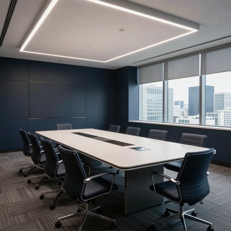 A wide shot of a modern, high-tech conference room in a US city, featuring clean lines and a professional dark navy and off-white color palette.