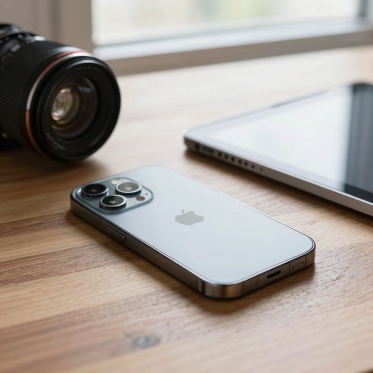 Detail shot of a sleek modern smartphone and tablet on a wooden desk next to a window with bright daylight, emphasizing mobility.