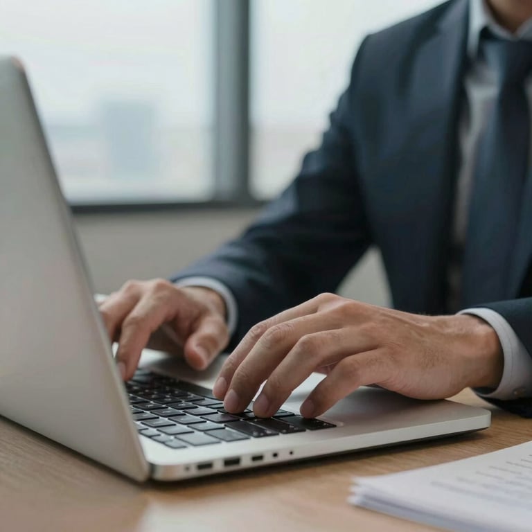 A close-up photograph of a professional's hands using a laptop in a bright North American office, with soft-focus sky blue office accents.