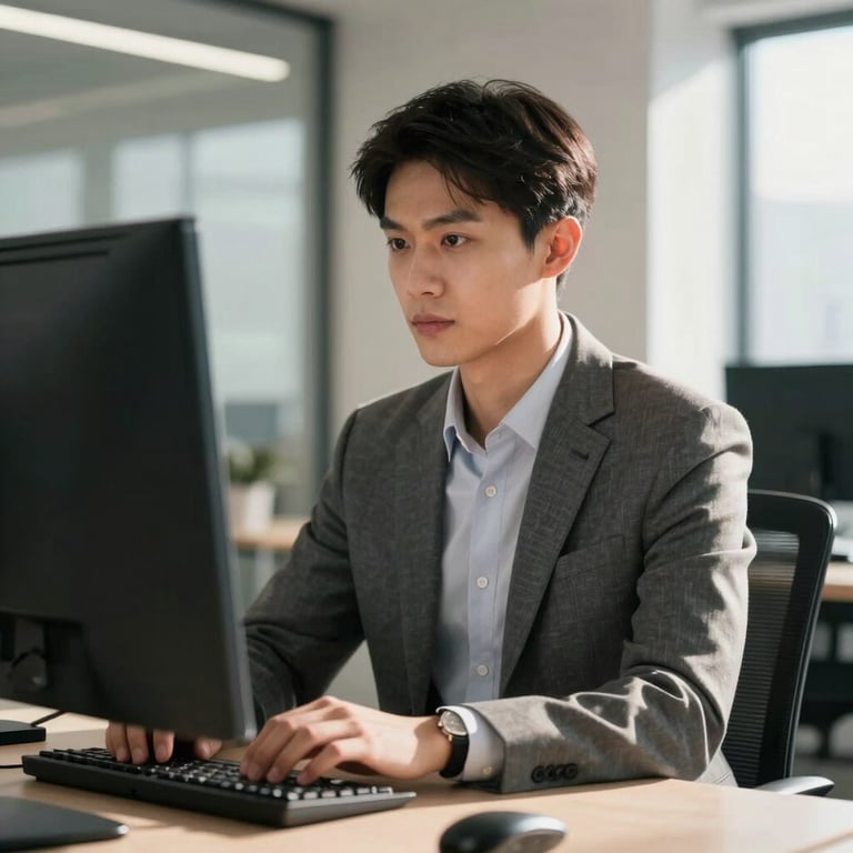 A portrait of a confident professional in business attire looking at a screen in a sunlit modern workspace, representing reliability.