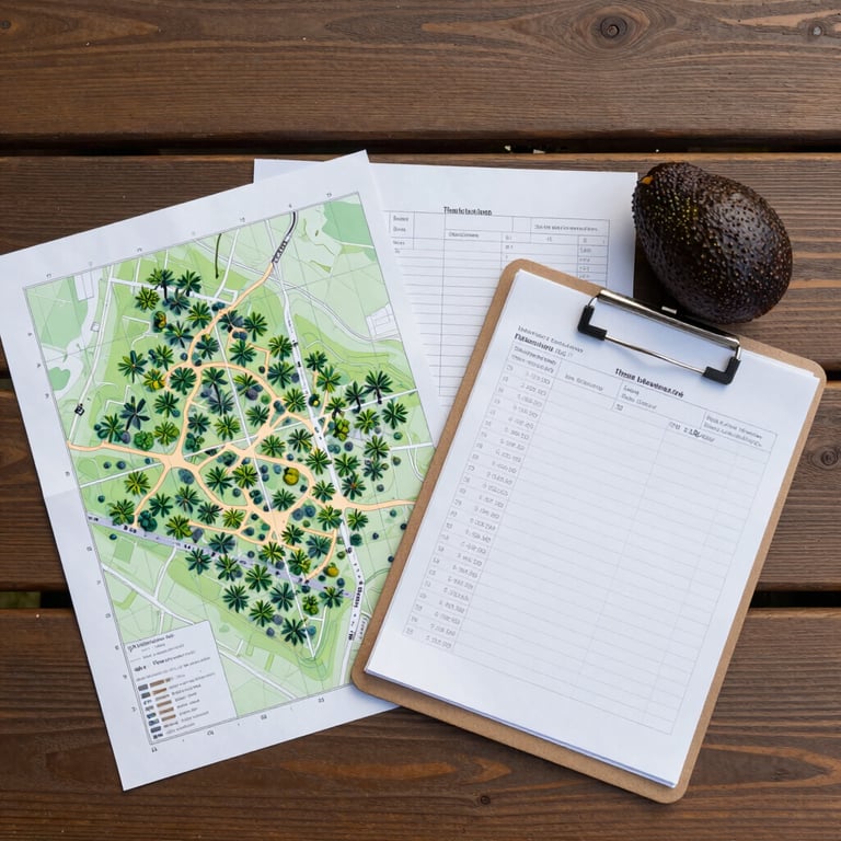 Overhead flat-lay of harvest documentation on a wooden field table — printed orchard maps with GPS grid overlays, a clipboard with harvest date records, and a single ripe Hass avocado beside the papers, natural daylight from the side, no shadows obscuring text areas