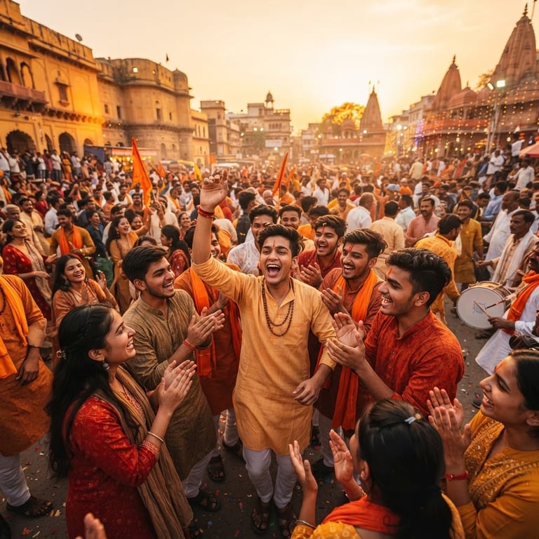 Vibrant outdoor community gathering in Bilaspur at golden hour, energetic youth cheering, professional editorial photography, warm orange tones