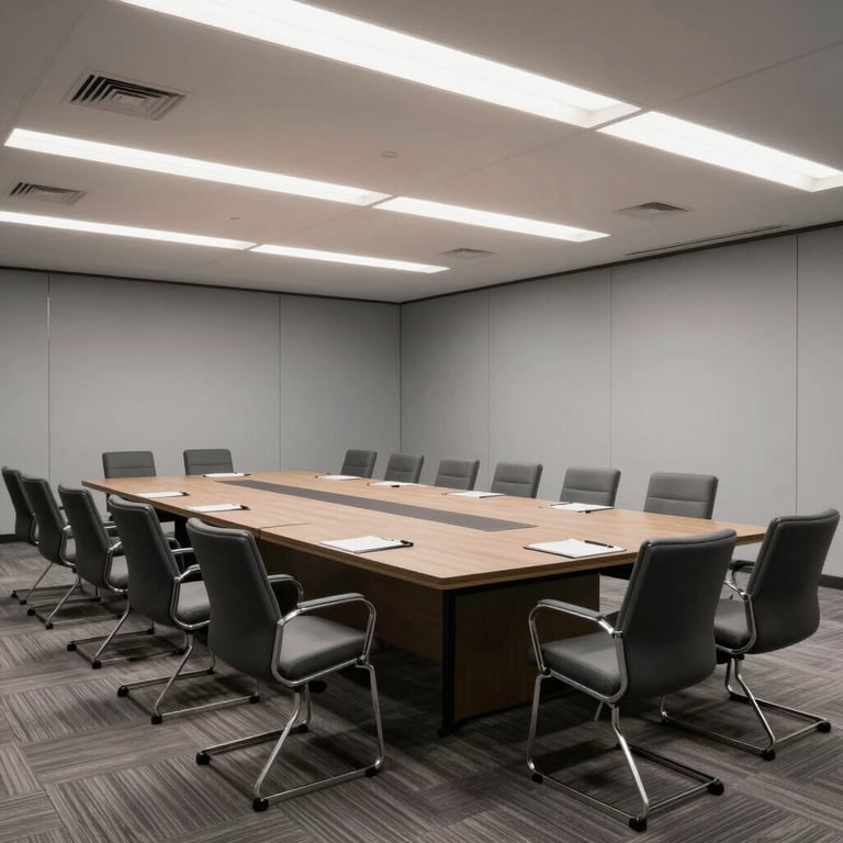 A wide-angle view of a professional conference room in North American / US / California with Mist Gray walls and high-end furniture.