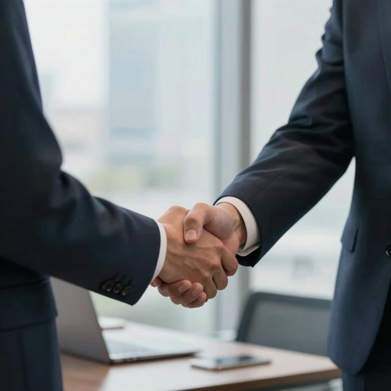 A close-up of a professional in business attire shaking hands with a client in a bright North American / US / California office, symbolizing trust.