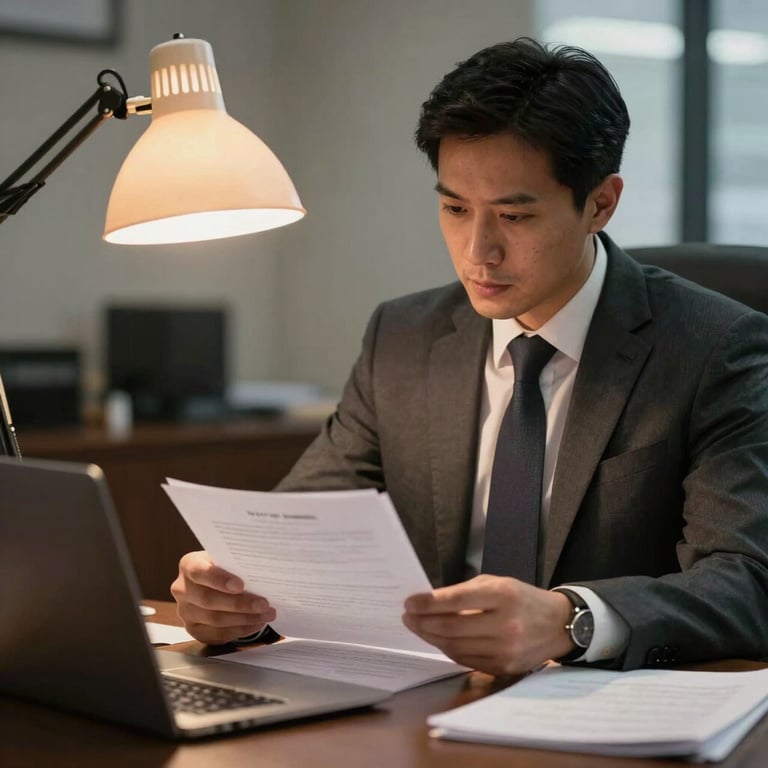 A professional attorney in a North American / US / California office reviewing complex documents under a warm desk lamp, signifying diligence.