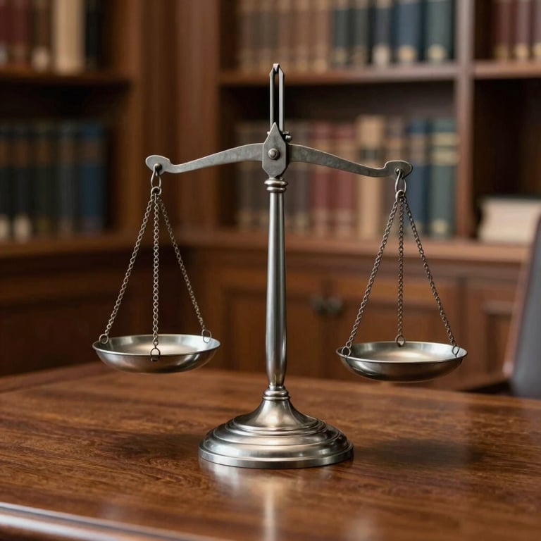A pair of scales of justice resting on a solid mahogany desk in a North American / US / California legal library, Mist Gray light catching the metal.