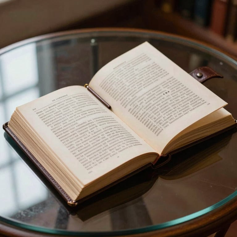 A leather-bound legal volume open on a glass table in a Deep Navy study in North American / US / California.