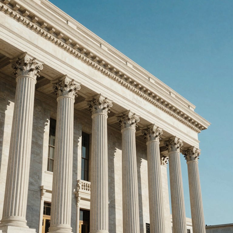 An architectural shot of the columns of a California courthouse, clean Sky Blue sky background, representing authority.