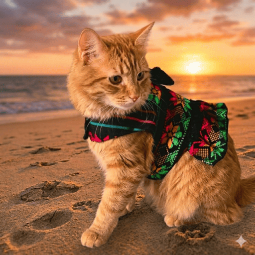 Gatito naranja con vestido colorido artesanal de Patitas Coquetas