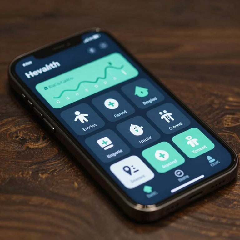 A digital health dashboard on a mobile phone showing progress icons in dark blue and light green hues.